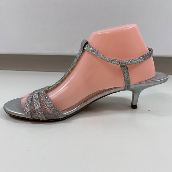 Fioni Night Women's Silver Glitter Rhinestones Sandals Kitten Heel Size 9.5 - Picture 6 of 13